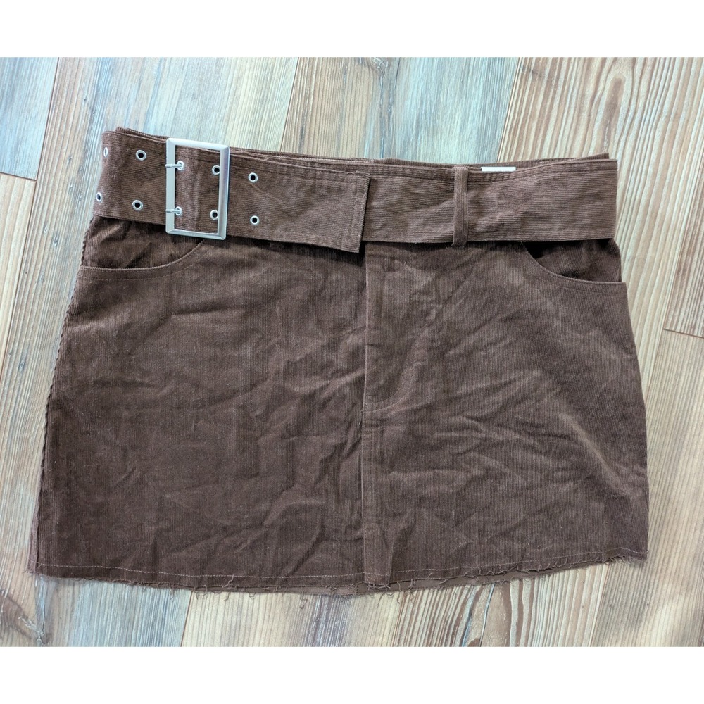 rue21 Brown Corduroy Belted Buckle Grommet Mini Skirt Large NWT Y2K